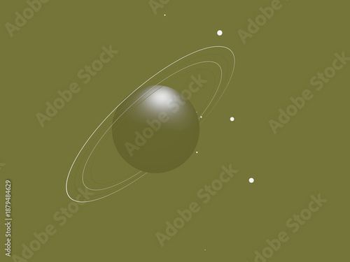 Minimalist abstract planet with rings and moons on olive green background