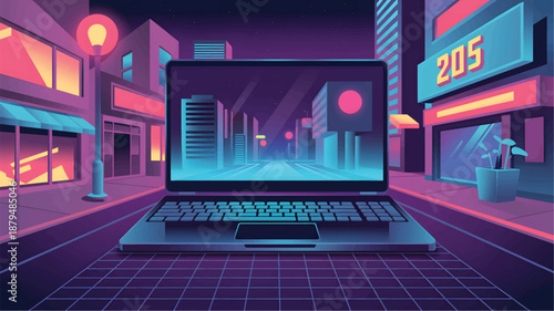 Laptop on a city street at night with neon lights and a grid floor