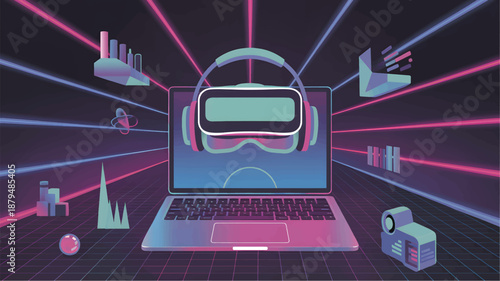 Virtual reality headset on laptop computer with neon lights and futuristic VR headset