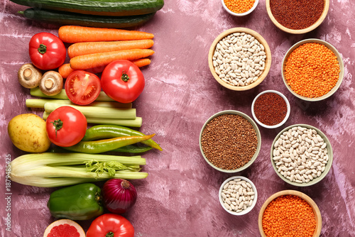 Wallpaper Mural Different fresh vegetables and cereals on purple background Torontodigital.ca