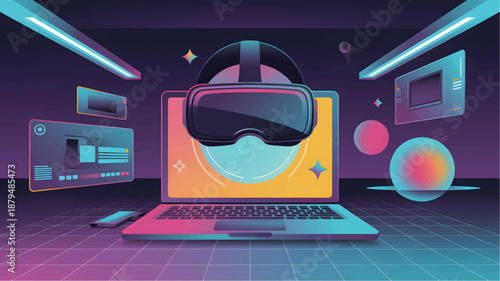 Virtual reality headset on laptop screen in futuristic room with neon lights VR headset