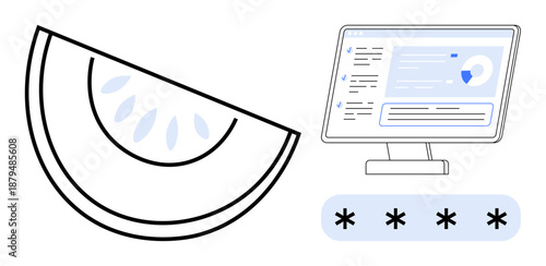 Online security, password protection, cybersecurity, data privacy, secure access, technology interface. Digital setup a computer screen and password illustration. Cybersecurity and password