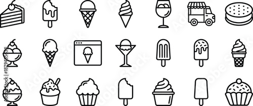 Ice cream and frozen dessert icon set in outline style, cones, scoops, popsicles, cakes, and sundaes