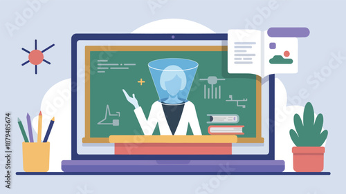 Online teacher on laptop screen with virtual lab equipment e-learning education