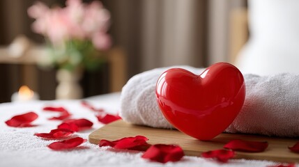 Romantic spa setting with red heart balloon and rose petals on massage table, soft warm lighting, wellness treatment room interior, Valentine’s Day promotion concept with copy space