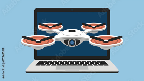 White drone flying out of a laptop screen computer