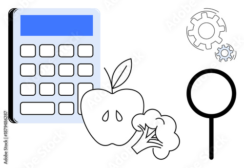 Healthy eating, research, nutrition tracking, food education, meal planning, analysis. Calculator with apple and broccoli, gears and magnifying glass. Healthy eating and research concepts