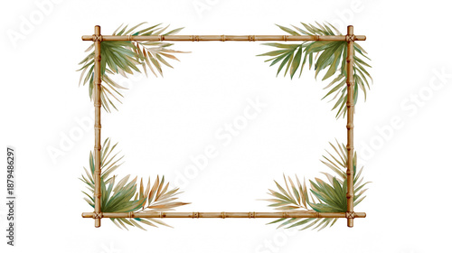 A tropical bamboo frame adorned with lush palm leaves for a natural design element