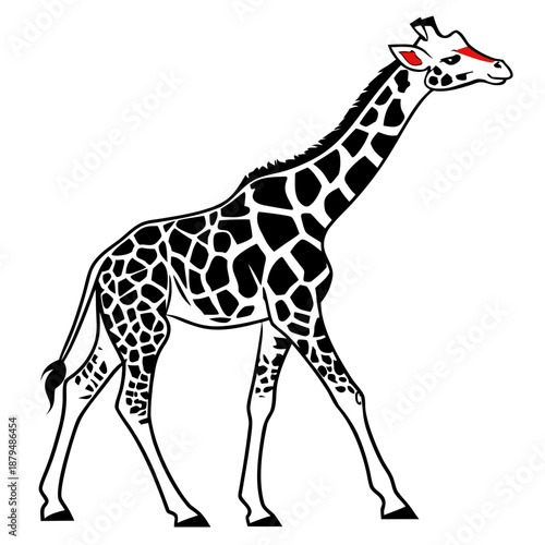 White back ground a black and white illustration of a red colour baby ziraf.