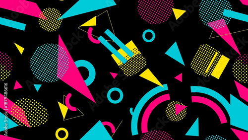 Vibrant hipsters Memphis style gathering with geometric shapes, abstract elements, modern art, fashion trends, and urban culture