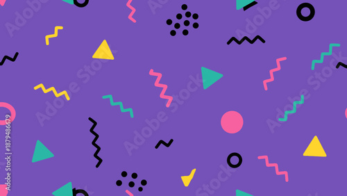 Vibrant hipsters Memphis style pattern with geometric shapes and swirls in a lively graphic design