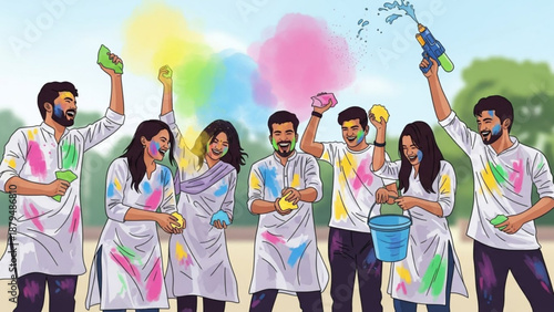 Young Adults Celebrating Holi Festival with Colorful Powders and Water