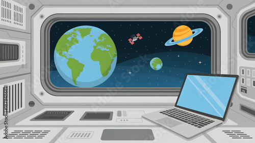 Space station interior with a laptop and a view of Earth, planets, and satellite design
