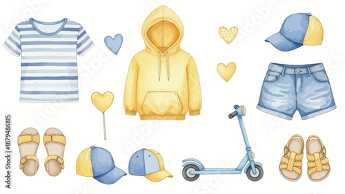 Cute Watercolor Kids Fashion and Lifestyle Illustration Set