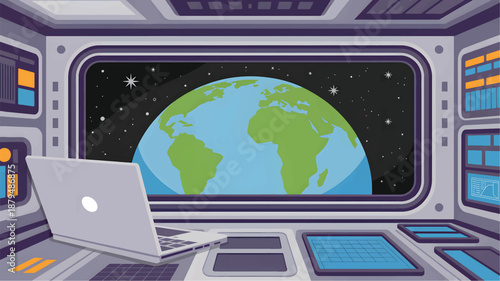 Space station control room with laptop and view of Earth from space globe design