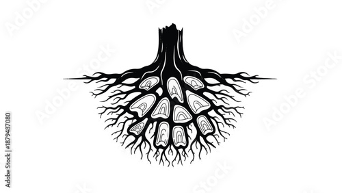 Intricate tree roots with tooth-like structures symbolize growth and dental health.