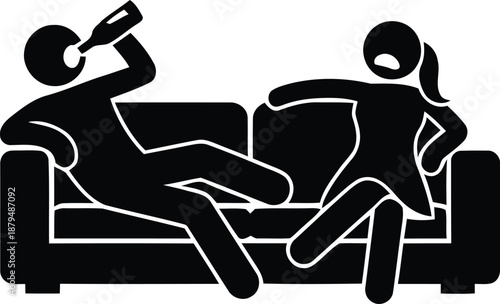 Domestic conflict caused by alcoholism between a man and woman on a sofa