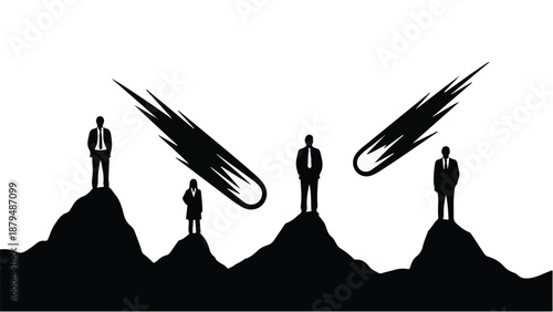 Silhouetted figures stand on mountain peaks as meteors streak across the sky.