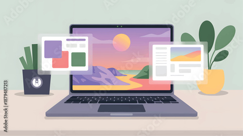 Laptop with website on screen and desktop background computer website web desktop browser windows