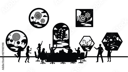 Team celebrating diverse ideas displayed in artistic frames around a meeting table.