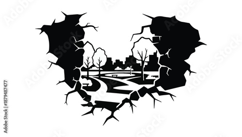 Cracked heart shape reveals a serene park scene with trees and pathways