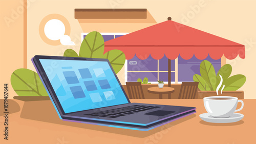 Laptop on table with coffee cup outside cafe outdoor seating red awning