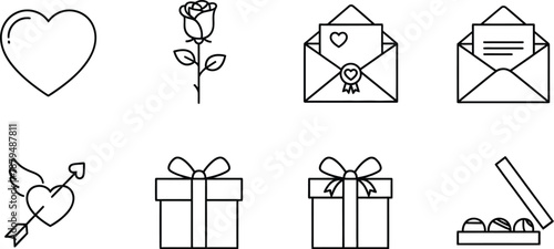 Collection of simple black outline icons representing romantic gifts like hearts roses envelopes bows and chocolates for celebration