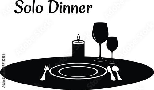 Black and white graphic illustration symbolizing a solitary candlelit dinner setting for one person at a table