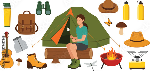 Camping adventure vector illustration with woman sitting near tent surrounded by outdoor equipment hiking gear and campfire essentials