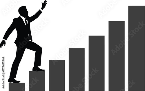 Silhouette of a determined businessman climbing upward on a dark gray bar chart symbolizing financial growth and career progression