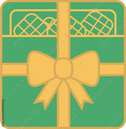 Green gift box with yellow ribbon and bow, wrapped present icon, symbol for giving, celebration, and surprise, festive holiday packaging