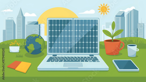 Cityscape with laptop solar panel globe plant coffee cup tablet outdoors