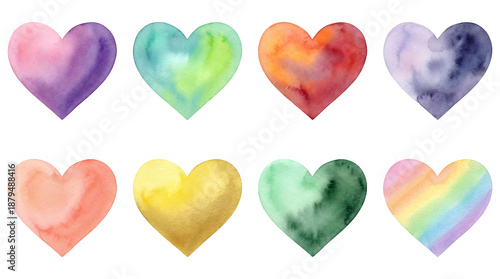 Watercolor heart set including pink, green, yellow, orange, purple, and rainbow gradient styles isolated. Romantic collection for Valentine's Day and wedding design.