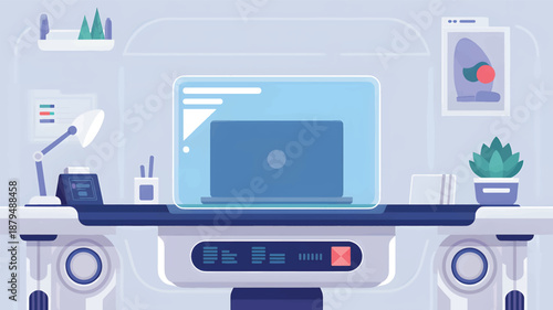 Futuristic workspace with a laptop and office supplies on a metallic desk