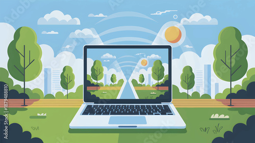 Laptop showing a park scene on screen outdoors in a green field computer