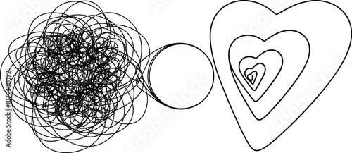 Mental health concept vector showing chaotic thoughts transforming into calm heart shapes symbolizing healing mindfulness and emotional balance