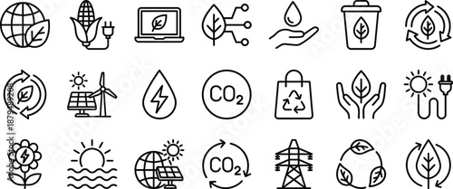 Sustainable Environment Icon Set in Line Style Featuring Renewable Energy, Recycling, Carbon Reduction, and Eco Power