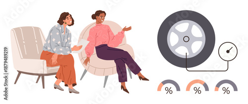 Communication, counseling, teamwork, collaboration, guidance, efficiency. Two women seated discussing documents alongside a tire illustration with pressure and performance indicators. Communication