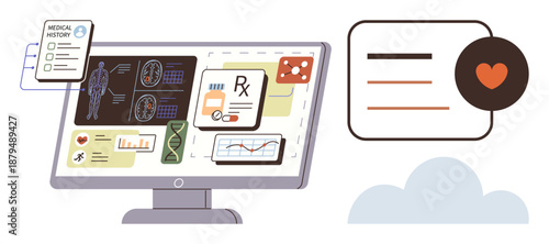Healthcare technology, telemedicine, patient data, modern diagnostics, electronic records, cloud storage. Monitor displaying medical charts, diagnostics and RX data. Healthcare technology