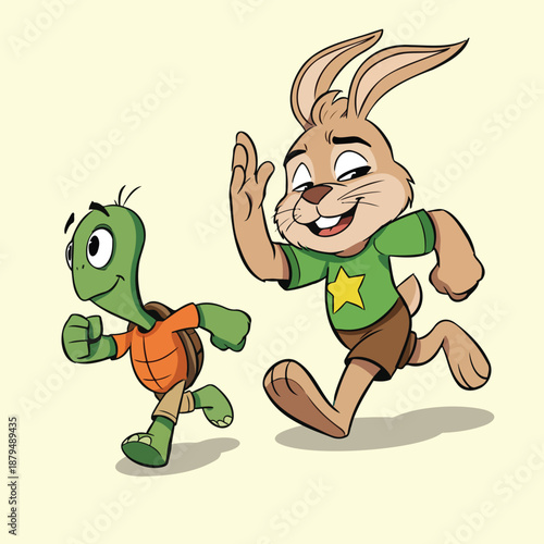 Cartoon Illustration of a Rabbit and Turtle Competing in a Race