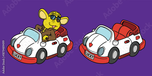 Cool cartoon mouse character driving a white convertible vintage style car