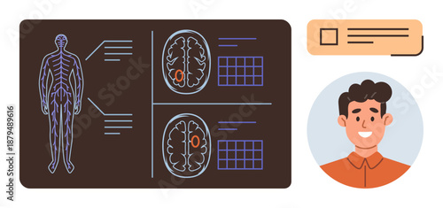 Healthcare, neuroscience, brain analysis, diagnostics, medical visuals, disease detection. Human nervous system visualization with brain scans and smiling man avatar. Healthcare and neuroscience