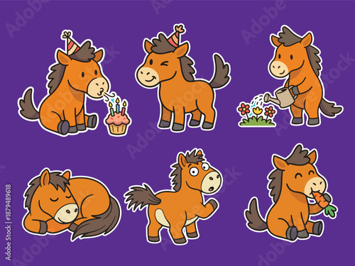 Cute cartoon brown horse character sticker set with various fun activities