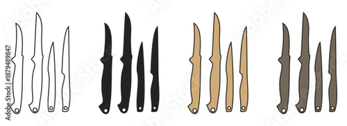 A series of illustrations showcasing four different styles of utility knives in varying sizes