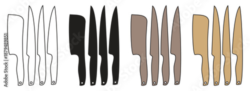Stylized kitchen knife collection in four distinct visual representations