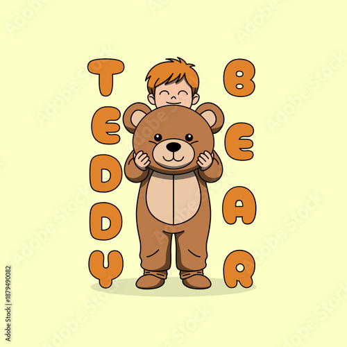 A cheerful red-haired boy wearing an adorable brown teddy bear costume on a soft yellow background. Graphic for children's apparel. Teddy Bear Day, February 10th.