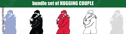 Silhouette, line art, dot, dotted, star art Emotional graphic illustrations of a loving couple embracing each other in various vector styles depicting strong human connection and affection map