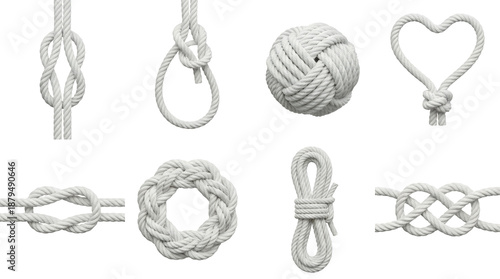 White rope knot set including figure eight, bowline, monkey fist, heart shape, and decorative wreath variants isolated. Marine and nautical cordage collection.