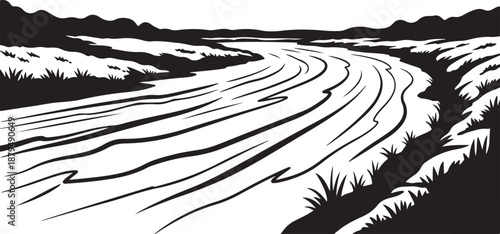 Black and white illustration of a winding rural landscape road
