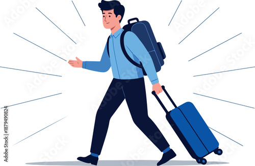 Man Traveling With Backpack and Rolling Suitcase